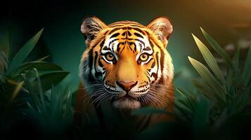 Majestic tiger gazing through lush green foliage in a serene jungle setting at dusk photo