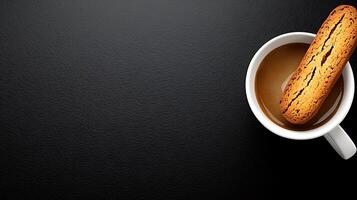 A close-up of a coffee cup with a biscotti resting on the rim against a dark background photo