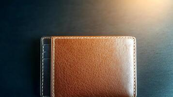 A close-up view of a brown leather wallet resting on a dark wooden surface with soft lighting photo