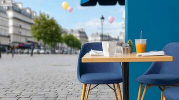 A cozy caf scene in Paris with a table set for two, featuring drinks and balloons in the background photo