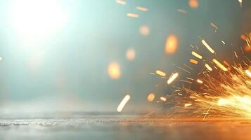 A close-up view of flying sparks from metalwork, highlighting intense industrial activity indoors photo