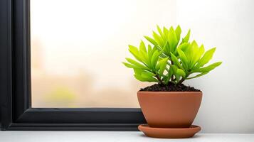 Potted succulent plant on a windowsill with soft natural light creating a tranquil atmosphere photo
