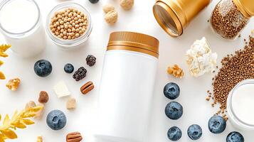A collection of healthy snacks and ingredients arranged around a blank container on a white surface photo