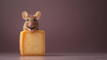 A curious mouse perched on a block of cheese, set against a soft, neutral backdrop photo