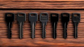 A close-up view of eight black keys arranged in a line on a rustic wooden surface photo