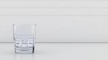 A clear glass filled with ice cubes sits on a pristine white table against a minimalistic wall photo
