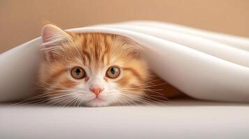 A curious ginger cat peeks out from under a soft white blanket in a cozy indoor setting photo