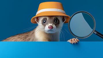 A curious ferret wearing an orange hat examines its surroundings with a magnifying glass photo