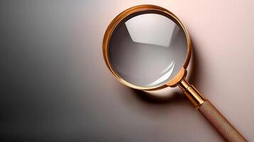 Magnifying glass resting on a smooth surface, highlighting details in a subtle gradient background photo