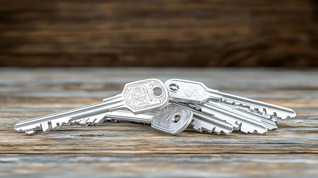 A close-up view of a stack of silver keys resting on a rustic wooden surface, showcasing intricate designs photo
