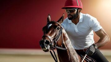 Professional polo player in action on a horse during a match with a blurred background photo