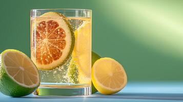 Refreshing glass of sparkling lemonade with lemon slices on a bright pastel background photo