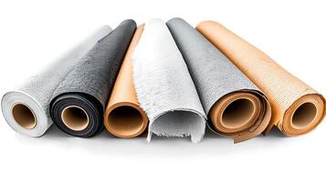 Rolls of various textured materials arranged neatly on a white background, showcasing design options photo