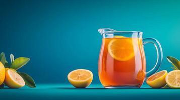 Refreshing pitcher of iced tea with lemon slices, surrounded by fresh lemons on a vibrant background photo