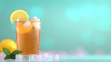 Refreshing iced tea with lemon and mint on a vibrant background, perfect for summer drinks photo