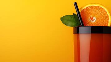 Refreshing orange drink in a glass with a straw and slice of orange against a bright yellow background photo