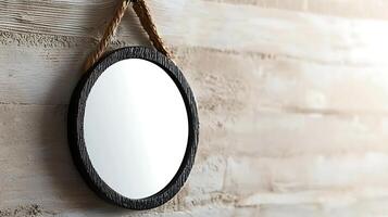 Round wall mirror with a rustic rope hanger, reflecting a softly lit wooden background photo