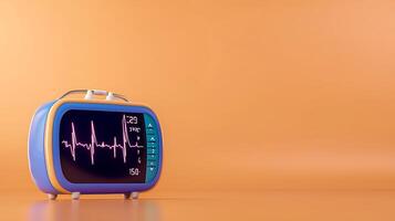 Retro-style medical monitor displaying heartbeat on screen against an orange backdrop photo
