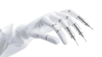 Robotic hand with precision tools reaching out against a clean white background, showcasing technology photo