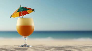 Refreshing tropical drink with an umbrella on a serene beach with ocean waves in the background photo
