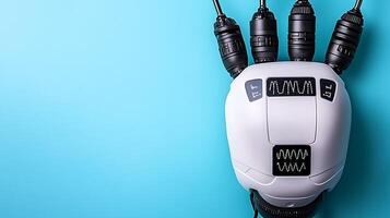 Robotic hand with multiple cables on a blue background, symbolizing technology and innovation photo