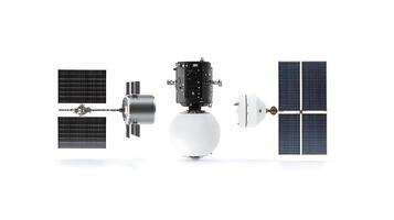 Satellite components displayed in a clean environment, showcasing technology and innovation photo