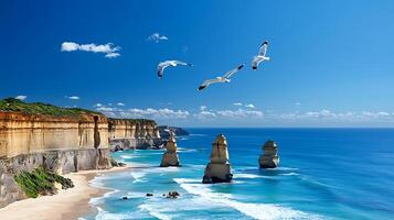Scenic view of ocean cliffs with seagulls flying over the Twelve Apostles at sunset photo
