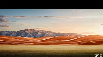 Serene desert landscape at sunset with rolling sand dunes and distant mountains under a colorful sky photo