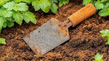 Rusty gardening trowel resting on rich soil surrounded by vibrant green plants in garden photo