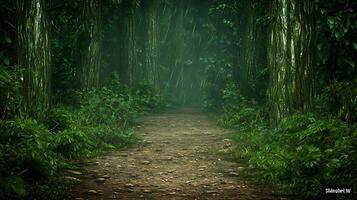 Serene forest path leading through dense greenery with misty ambiance and soft light photo