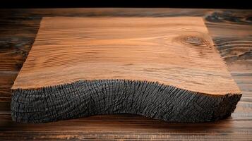 Rustic wooden cutting board with unique grain patterns on a dark wooden surface photo