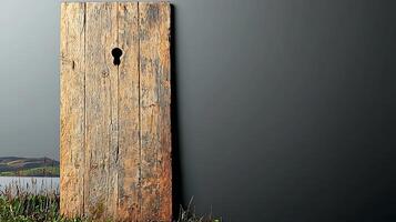 Rustic wooden door with a keyhole set against a serene landscape and calm waters in the background photo