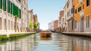 Scenic view of a boat navigating through a serene canal in Venice, surrounded by historic buildings photo