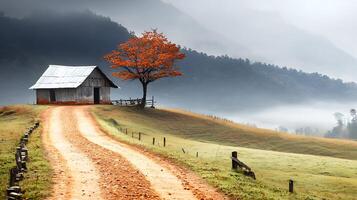 Serene countryside scene featuring a rustic cabin beside a vibrant autumn tree along a winding dirt road photo