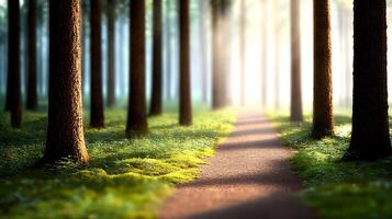 Serene forest path leading to a bright light, surrounded by tall trees and lush greenery photo