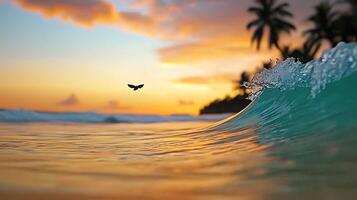 Serene sunset over ocean waves with palm trees silhouetted against colorful sky photo