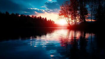 Serene sunset over a tranquil lake with silhouetted trees and vibrant sky reflecting on water photo