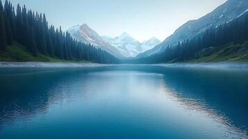 Serene mountain lake reflecting peaks and pine trees under a soft morning light photo