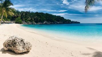 Serene tropical beach with clear turquoise water, soft sand, and lush greenery in the background photo