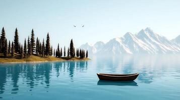 Serene lake with a solitary boat surrounded by majestic mountains and pine trees under a clear sky photo