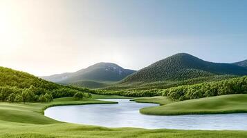 Serene landscape with rolling hills, a calm river, and a clear sky at sunrise photo