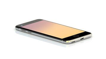 Sleek smartphone lying on a reflective surface with a gradient background, showcasing modern design photo