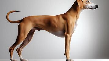 Sleek dog posing elegantly against a minimalist backdrop, showcasing its athletic build and grace photo