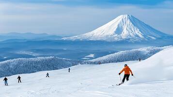 Skiers navigate a snowy mountain slope with a majestic volcano in the background under clear skies photo