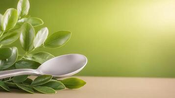 Silver spoon resting on a wooden surface surrounded by vibrant green leaves against a soft background photo