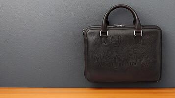 Sleek black leather briefcase resting against a textured gray wall on a wooden table photo