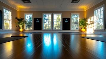 Serene yoga studio with natural light, mats arranged, and plants enhancing a calming atmosphere photo