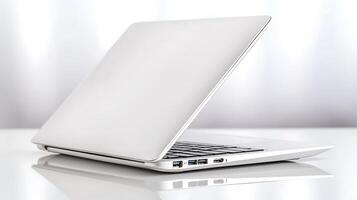 Sleek modern laptop positioned on a reflective surface with soft natural light in the background photo