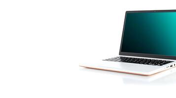 Sleek modern laptop on a reflective surface, showcasing a vibrant screen with no distractions photo