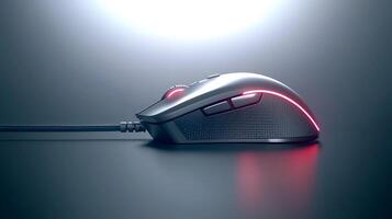 Sleek gaming mouse positioned on a smooth surface, illuminated by soft background light photo